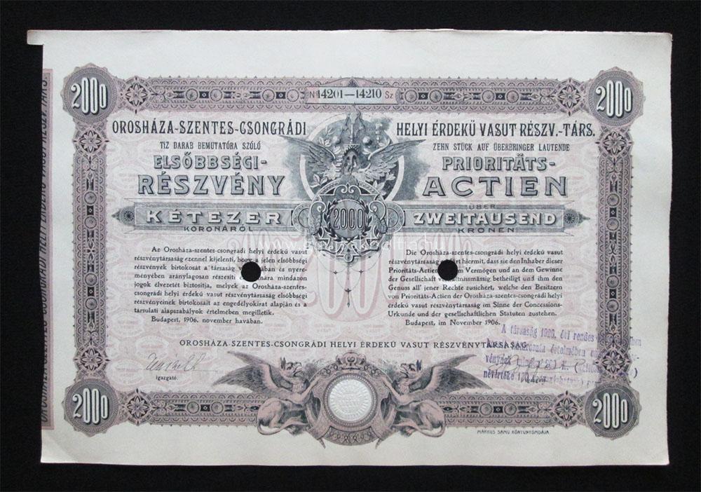 Orosháza-Szentes-Csongrádi Vasút részvény 10x200 korona 1906